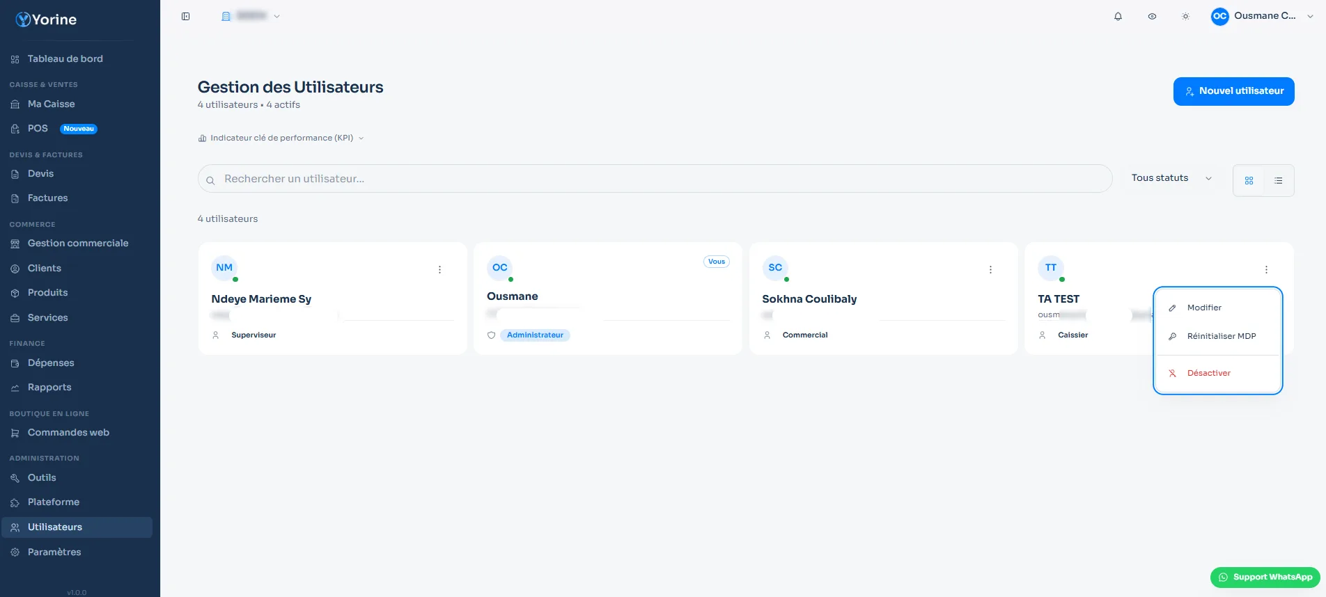 Menu contextuel sur une carte utilisateur — option Modifier