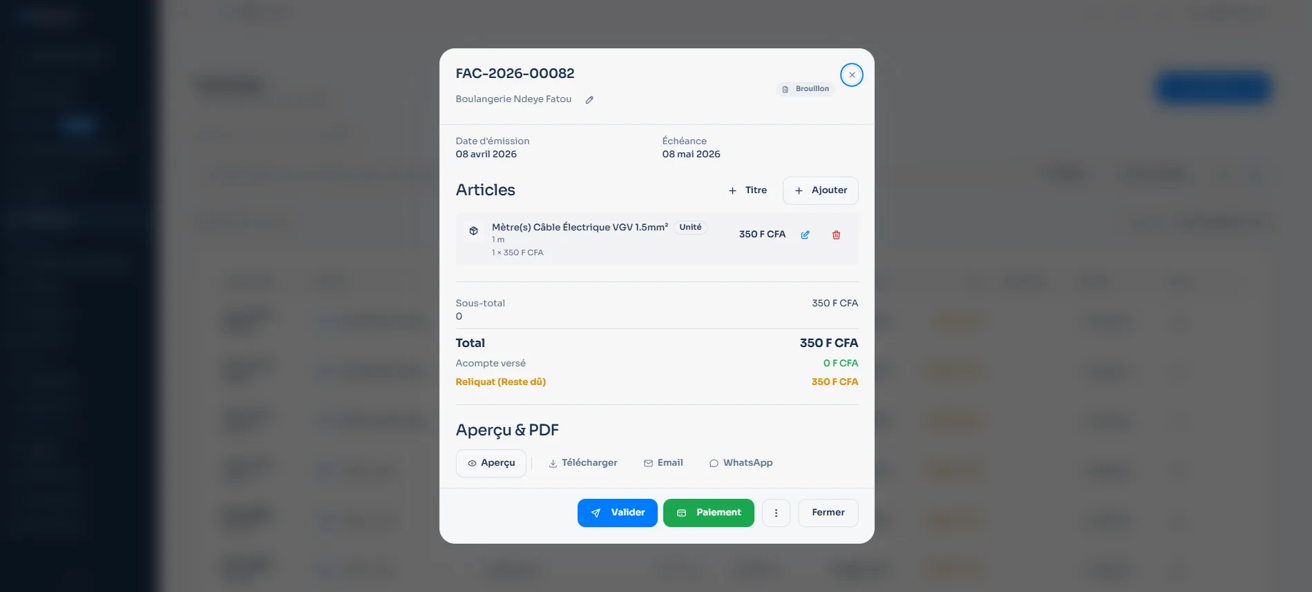 Panneau de détail — actions disponibles sur une facture