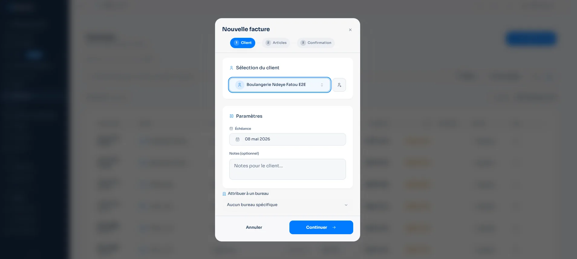 Formulaire nouvelle facture — sélection du client