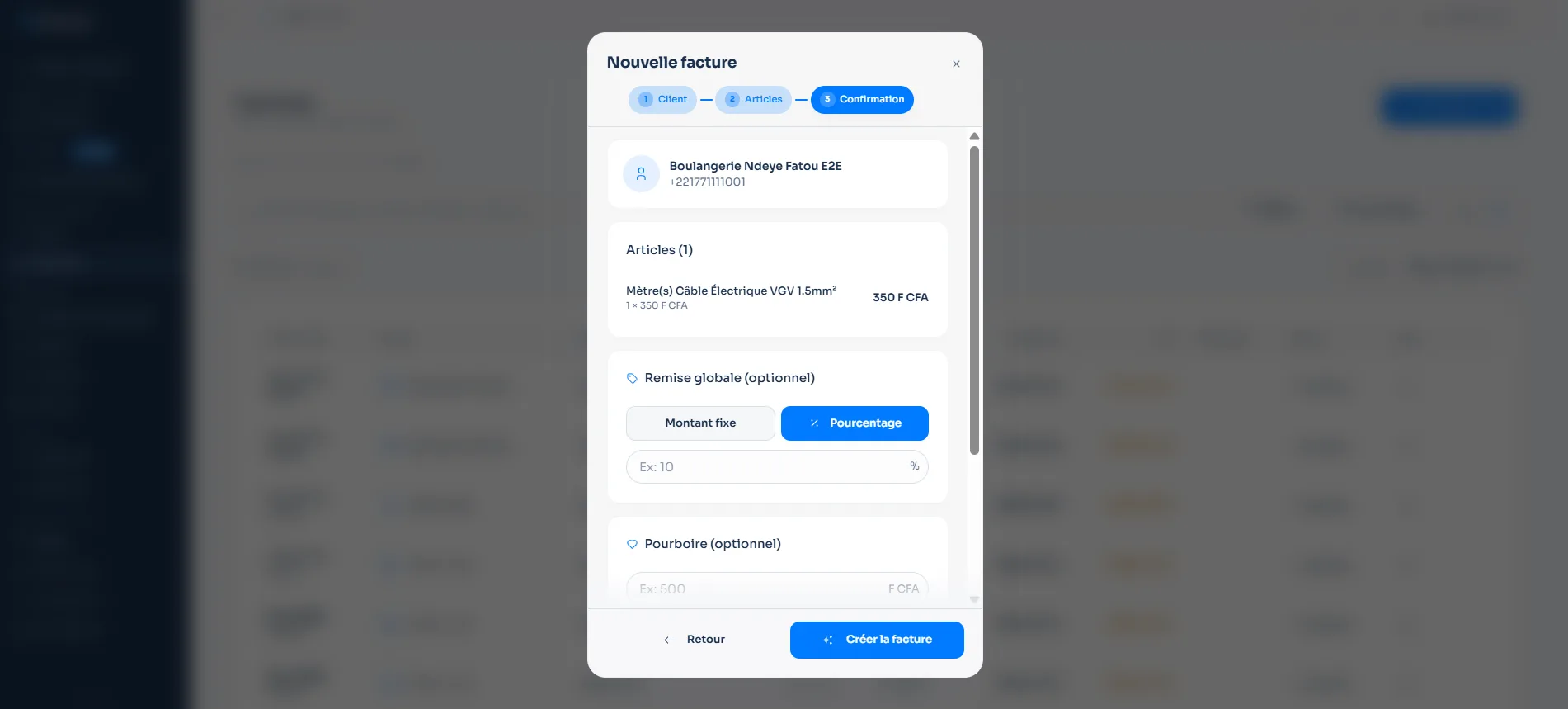 Formulaire nouvelle facture — récapitulatif