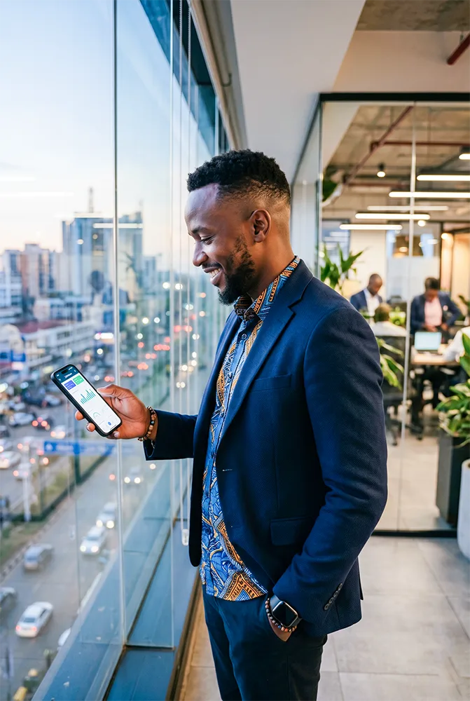 Entrepreneur africain gérant ses factures sur mobile avec Yorine