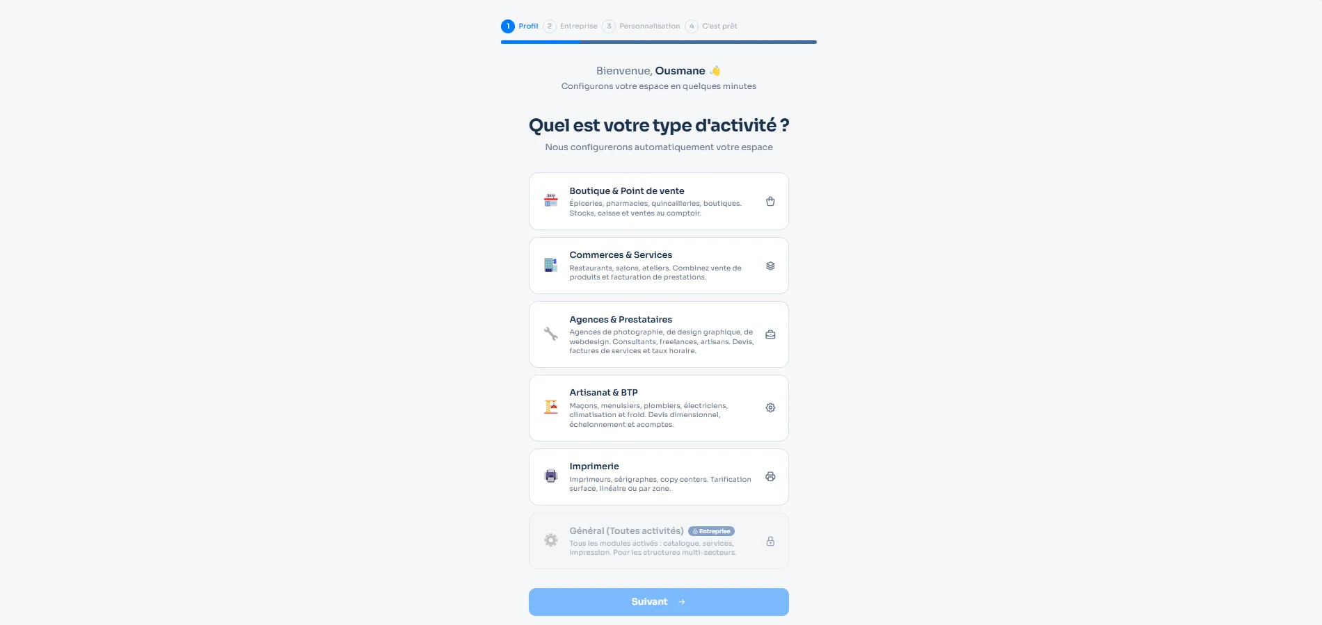 Sélection du profil métier dans Yorine Facture+